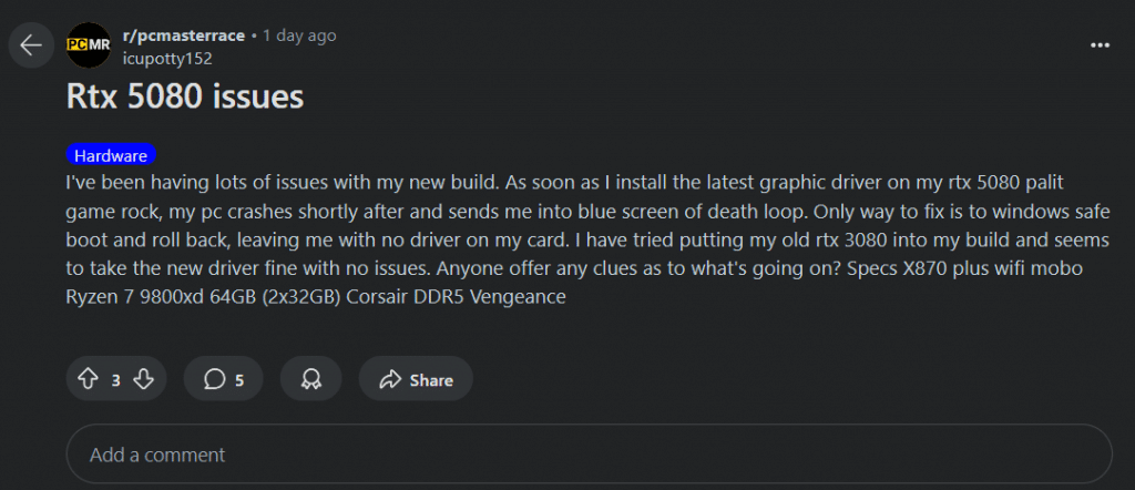 Оплакванията от GeForce RTX 5090 и RTX 5090D валят: сривове, черни екрани и превръщане в „тухла“