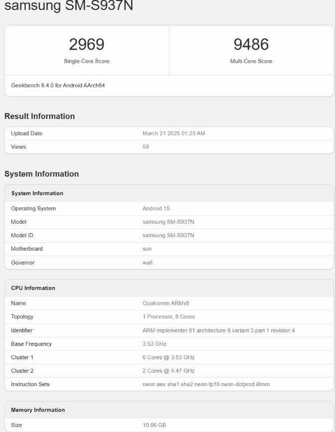 Появиха се новите спецификации на Samsung Galaxy S25 Edge след тестването му в Geekbench