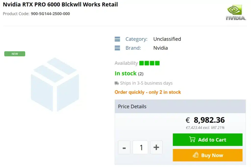 Професионалната видеокарта Nvidia RTX Pro 6000 Blackwell Workstation Edition с 96GB GDDR7 памет вече е в продажба – цената е €9000