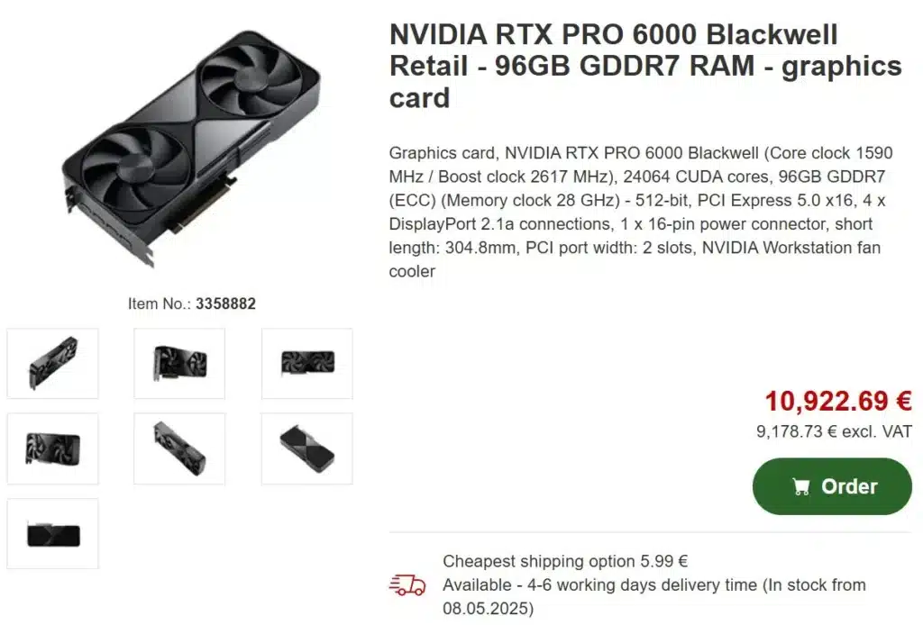 Професионалната видеокарта Nvidia RTX Pro 6000 Blackwell Workstation Edition с 96GB GDDR7 памет вече е в продажба – цената е €9000