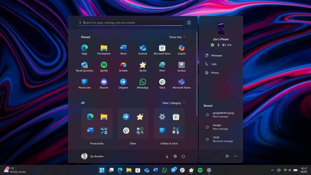 Новото старт меню в Windows 11: с персонализирано оформление и интеграция с Phone Link