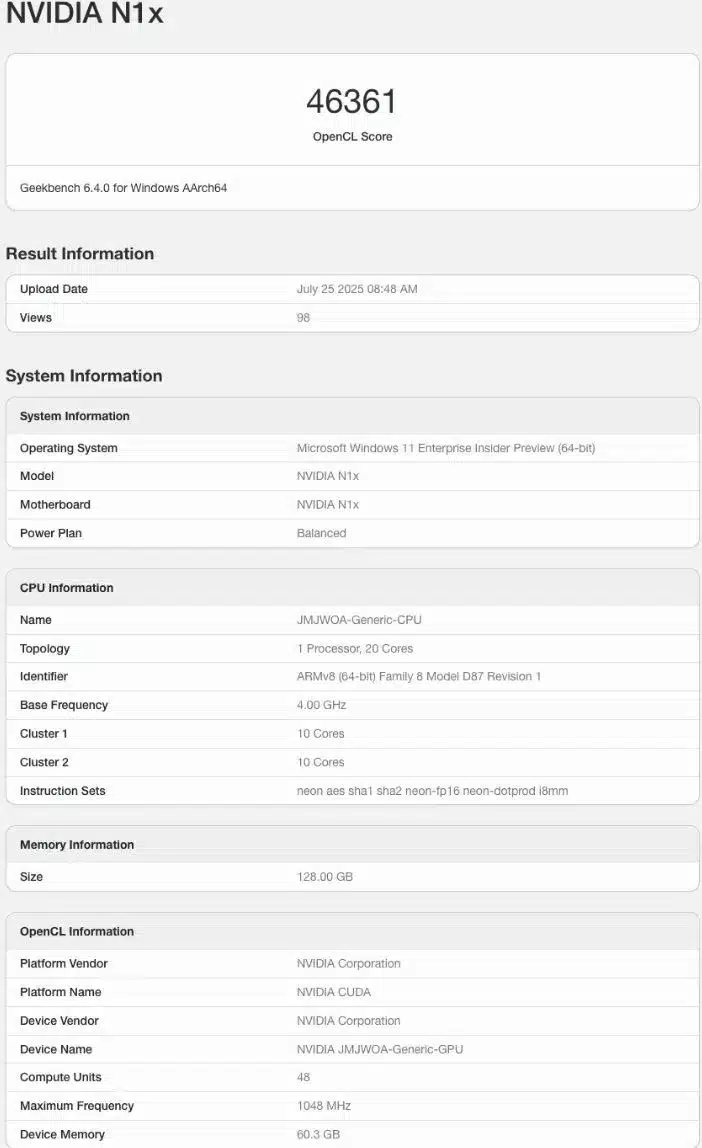 NVIDIA RTX 5070 в компютърните CPU – Geekbench разкри GPU на чипа N1X