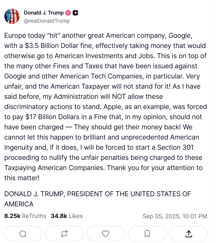 Тръмп заплаши да „отвърне“ на Европейския съюз заради глобите на Google и Apple