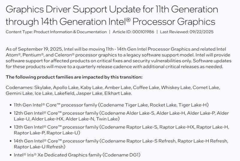 Intel призна интегрираните графики Tiger Lake, Rocket Lake, Alder Lake и Raptor Lake за остарели – драйвери ще се пускат по-рядко