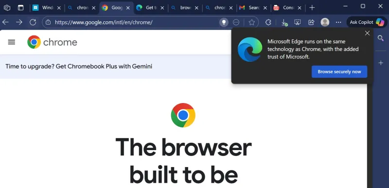 Microsoft стана още по-настоятелен в разубеждаването на хората да инсталират Chrome – вече чрез Bing