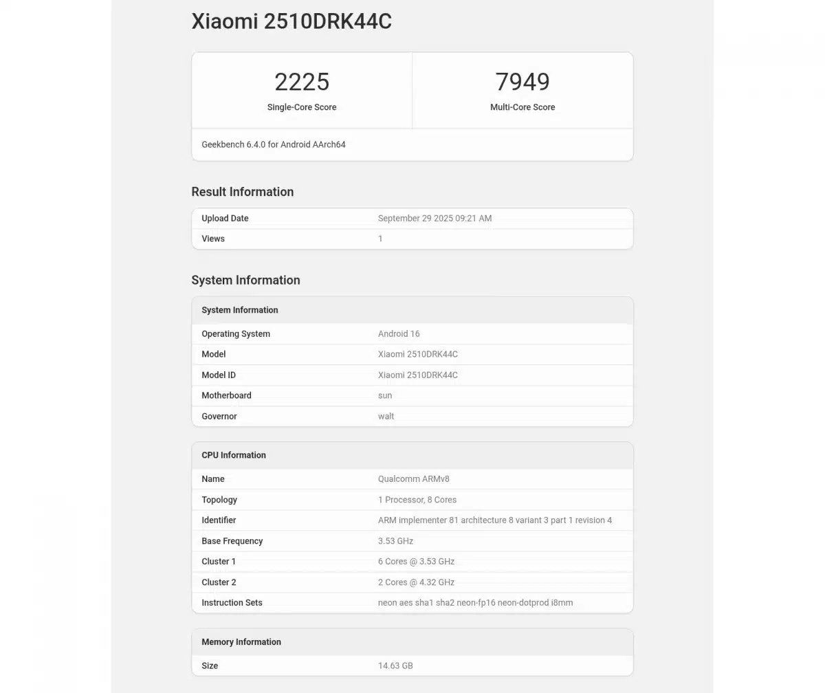 Redmi K90 със Snapdragon 8 Elite и Android 16 беше забелязан в Geekbench: разкрити са ключови спецификации