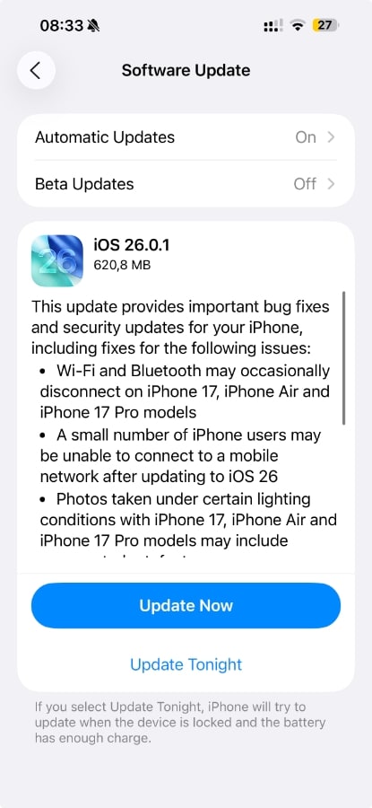 Apple пусна iOS 26.0.1 с поправки на проблемите с Wi-Fi, Bluetooth и CarPlay за iPhone 17