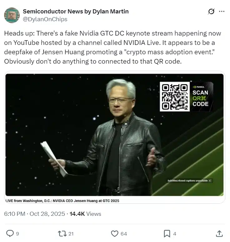 Фалшив стрийм от NVIDIA GTC с дийпфейк на Дженсен Хуанг и скам-криптовалута събраха 100 000 зрители на YouTube