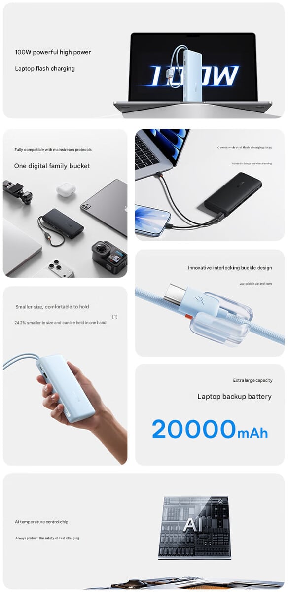 Baseus пусна 20 000 mAh външна батерия със 100W бързо зареждане и два вградени USB-C кабела за 