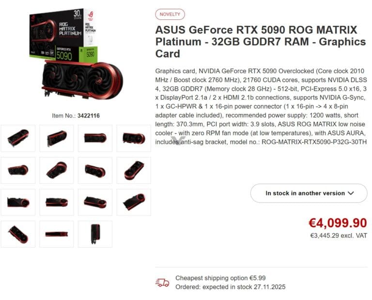 Asus ROG Matrix Platinum GeForce RTX 5090 се появи в Европа на цена над €4000