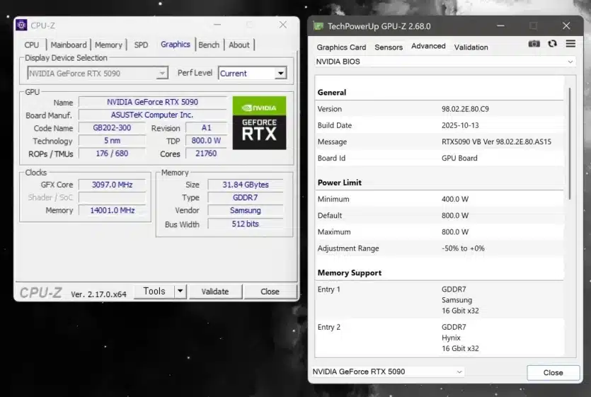 BIOS на ASUS RTX 5090 с потребление 800W е съвместим и с други графични карти