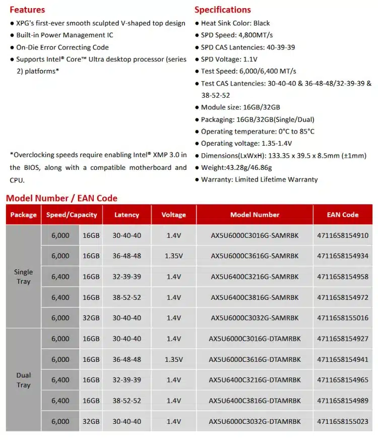 XPG пусна на пазара модули памет Armax DDR5 със скорости до 6400 MT/s и капацитет до 32 GB