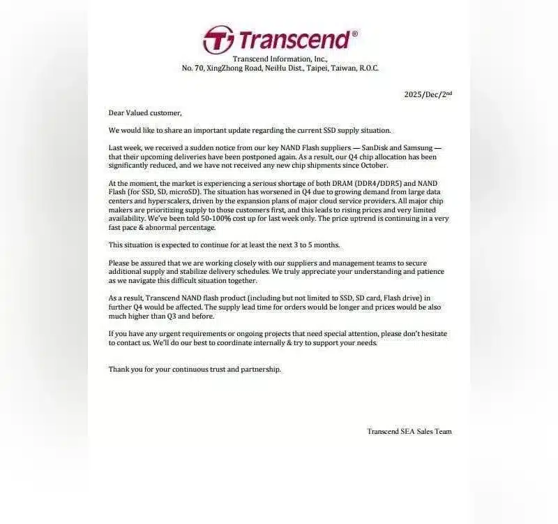 „Нови чипове не са постъпвали от октомври“: Transcend предупреждава за прекъсвания в доставките и поскъпване на SSD