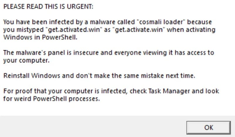 Фалшив сайт за активиране на Windows разпространява зловредни PowerShell скриптове
