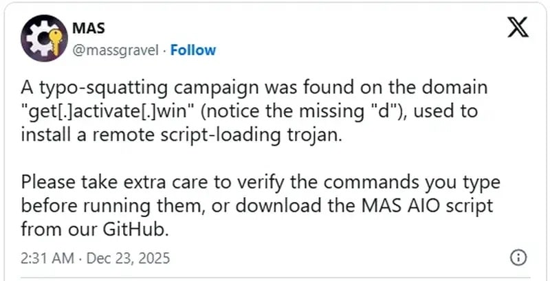 Фалшив сайт за активиране на Windows разпространява зловредни PowerShell скриптове