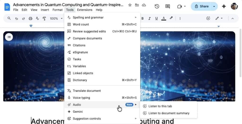 В Google Docs се появиха аудио-резюмета от Gemini: слушайте документа си, вместо да го четете