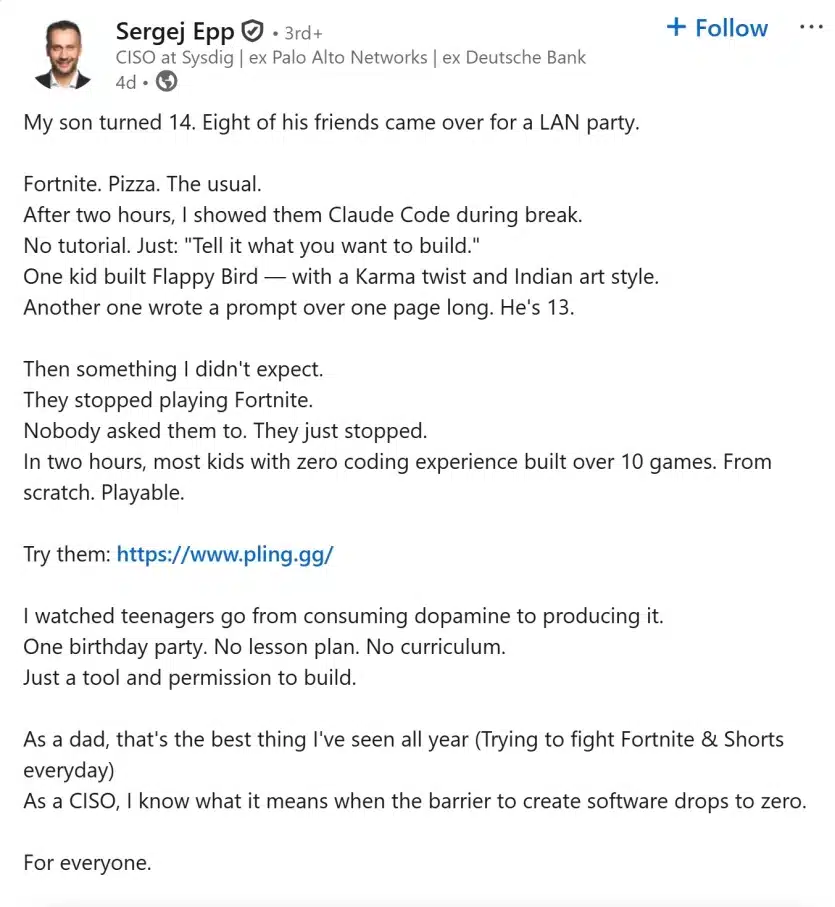 Рожден ден с Claude Code: Тийнейджъри създават 10 игри от нулата за 2 часа