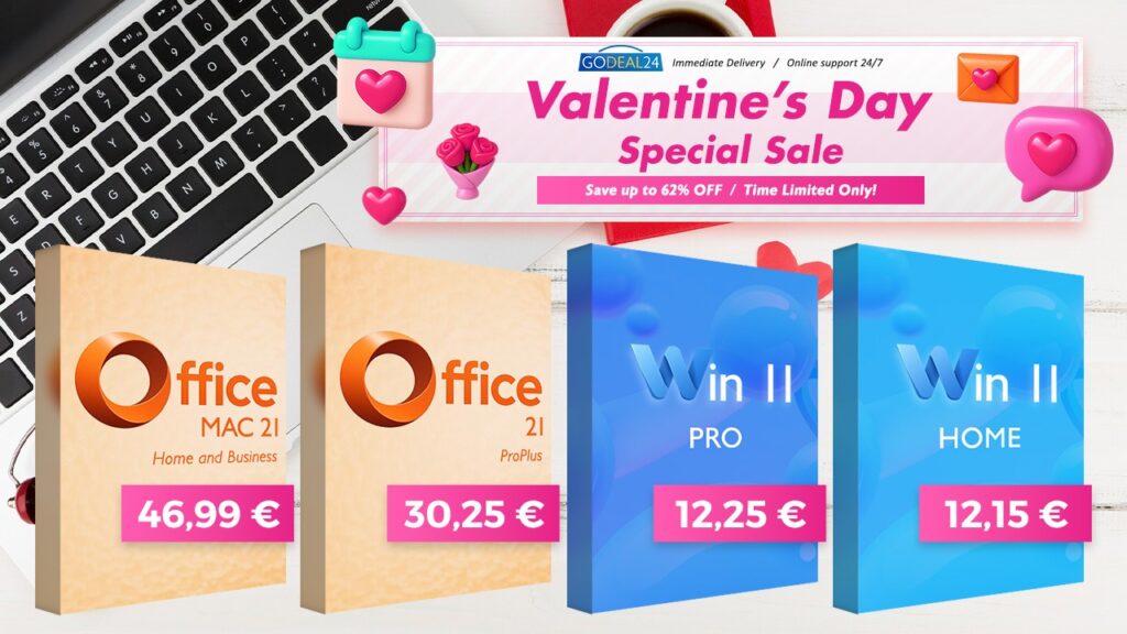 Перманентни Office 2021 Pro и Windows 11 Pro Огромно намаление на продуктовите ключове от Godeal24 за Деня на влюбените! Невероятни отстъпки от над 90%!