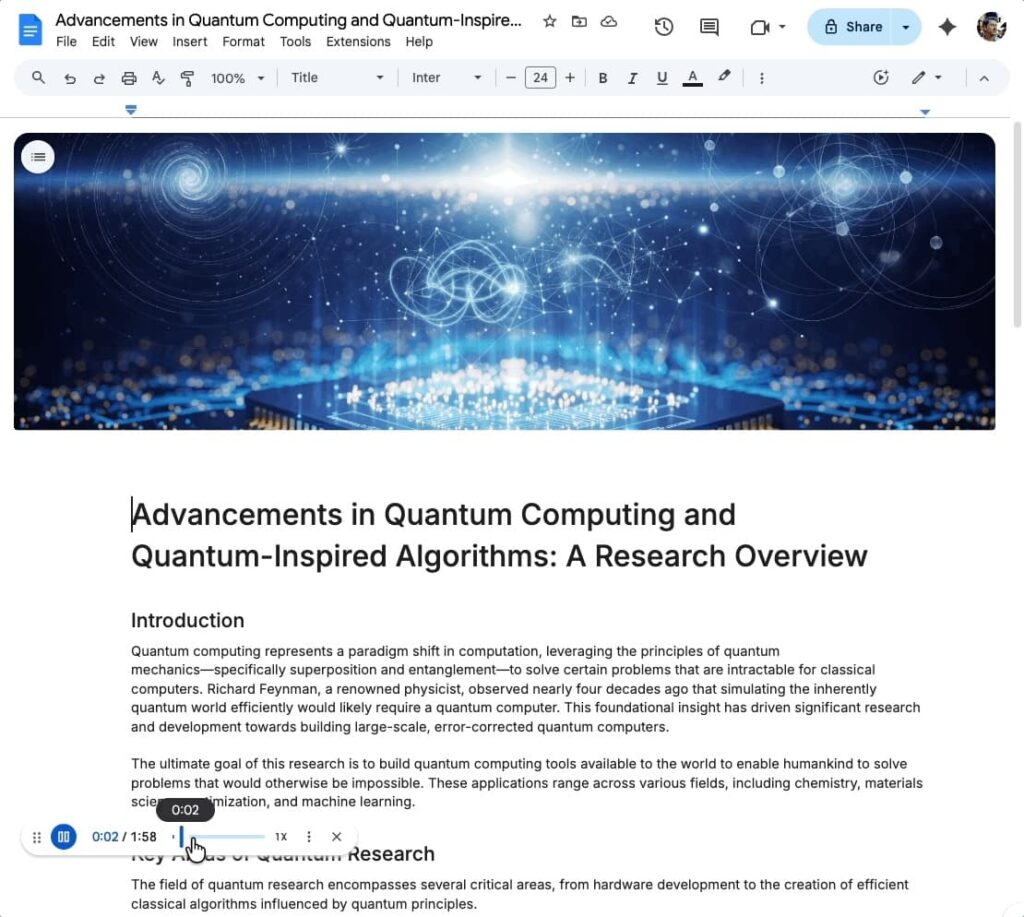 В Google Docs се появиха аудио-резюмета от Gemini: слушайте документа си, вместо да го четете