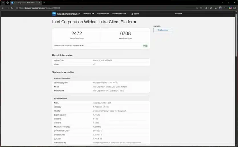 В Geekbench се появиха нови резултати за бюджетния процесор Intel Wildcat Lake