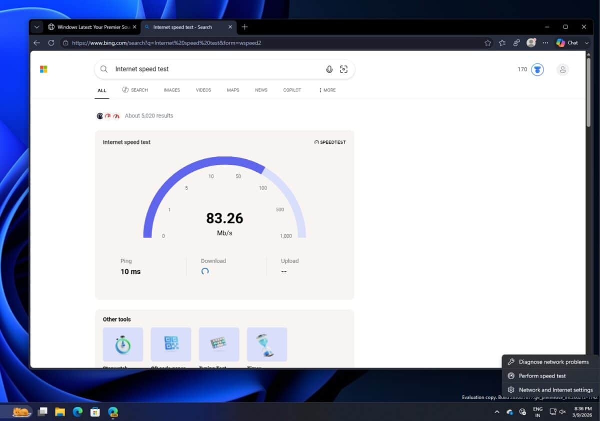 Вграденият „инструмент“ за тест за скоростта на интернет в Windows 11 се оказа просто линк към търсачката Bing