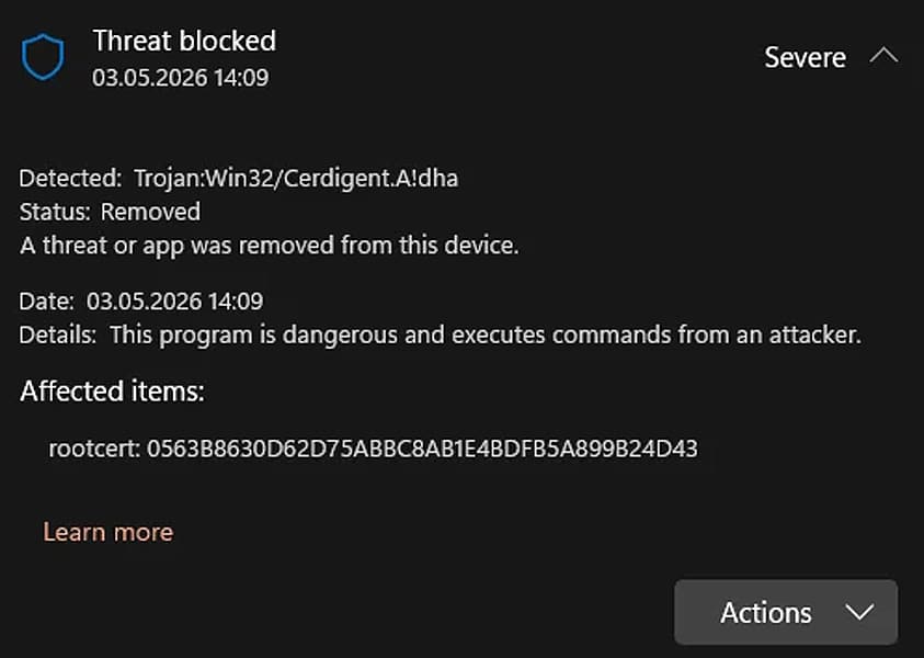 Microsoft Defender погрешно маркира сертификатите на DigiCert като троянски кон