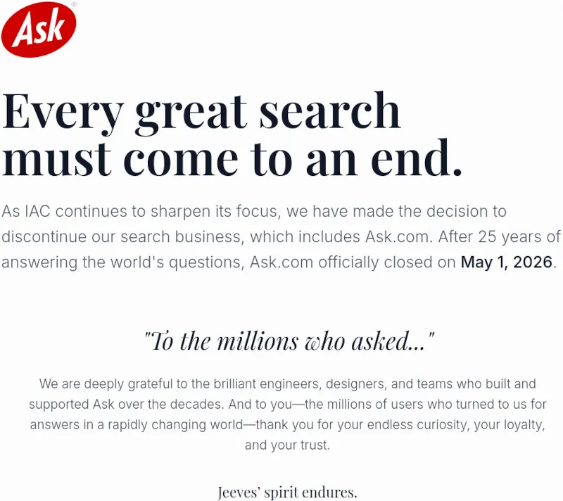 Търсачката Ask.com затвори врати след четвърт век работа
