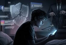 Функциите за безопасност във Facebook и Instagram са създадени, за да не работят A somber editorial illustration depicting a young teenager silhouetted against the glowing blue light of a smartphone screen late at night, their face illuminated by endless scrolling social media feeds. Behind them, a large translucent broken shield icon hovers, cracked and ineffective, symbolizing failed safety features. Ghostly, semi-transparent Facebook and Instagram-style interface elements float in the background, distorted and glitching. In the shadows, a faceless corporate figure in a suit stands behind a courtroom gavel and scales of justice, subtly manipulating puppet strings connected to the phone. The color palette is cold and moody, dominated by dark blues, grays, and harsh screen-glow highlights, evoking themes of surveillance, corporate deception, and digital addiction. The style is realistic digital painting with dramatic cinematic lighting, high detail, and a somber investigative journalism tone, no text or logos visible anywhere in the image.